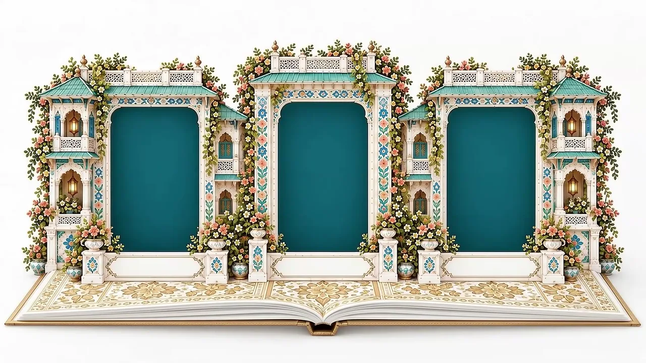 Three palace pavilions on an open book, each with an invitation in its window